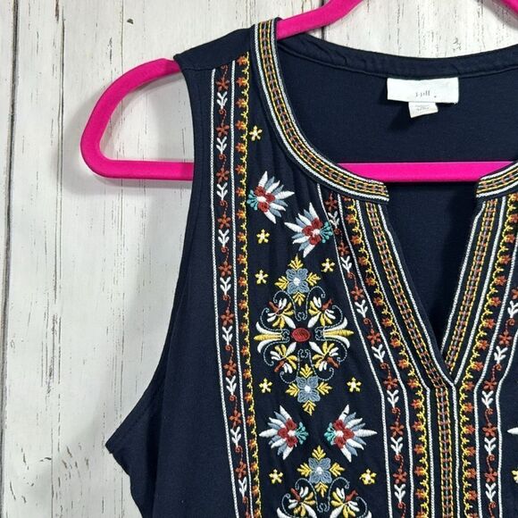 J Jill Navy Blue Embroidered Boho Sleeveless Cotton Blend Summer Casual Top - Picture 3 of 13
